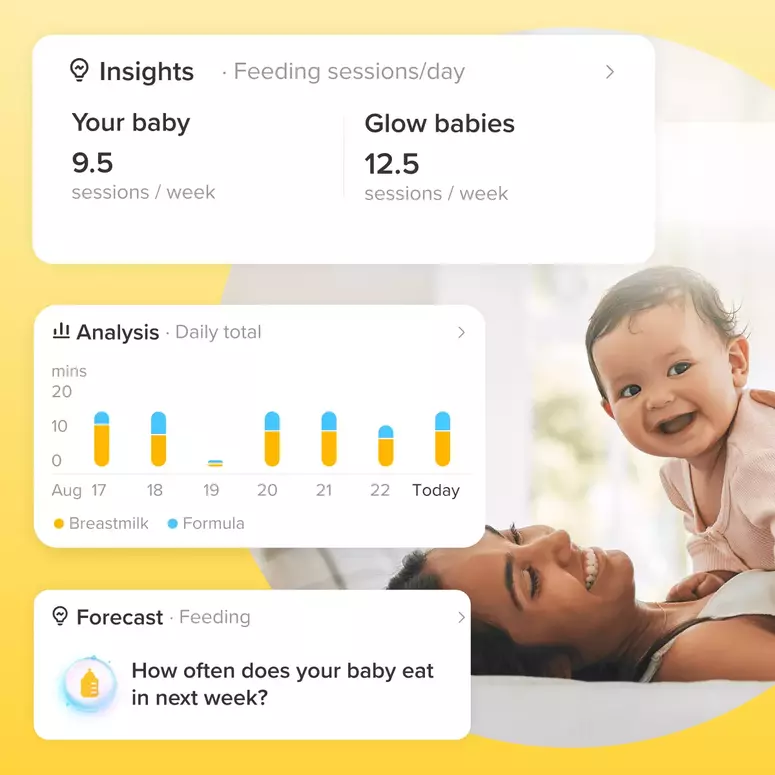 Screenshots of Glow’s baby tracking app features underlaid by a smiling mom and baby